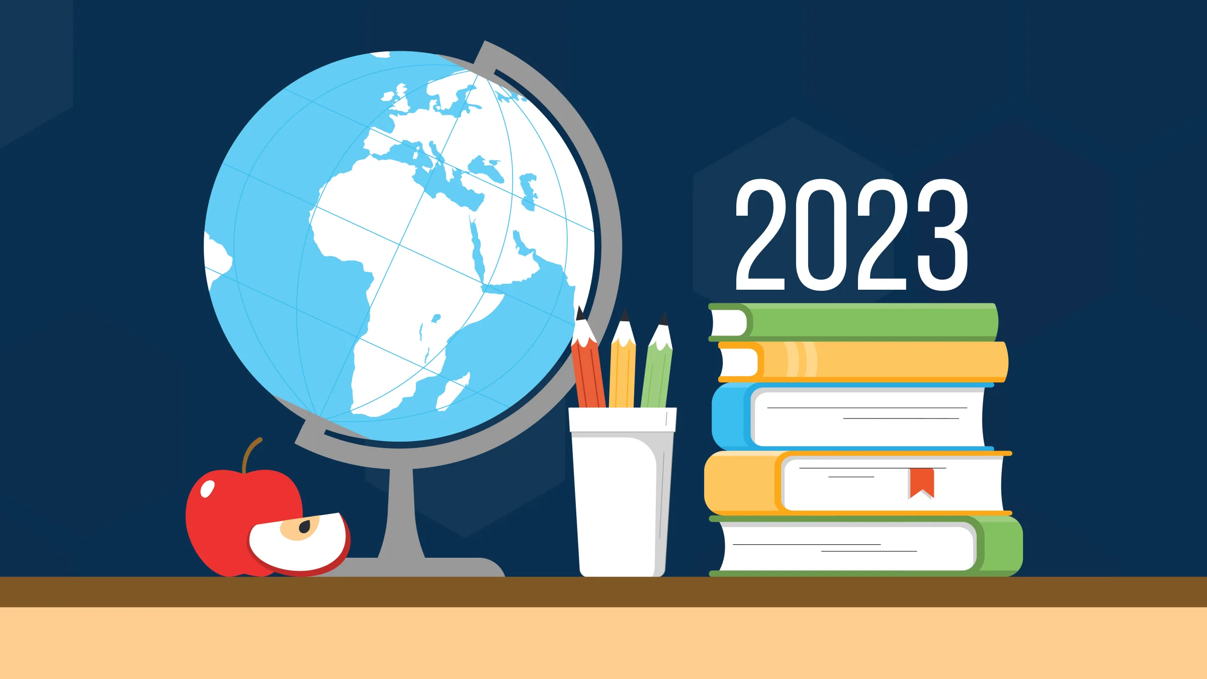 An illustrated image of a model globe—focused on Africa—standing on a desk next to a red apple, a cup holding several pencils, and a stack of books.