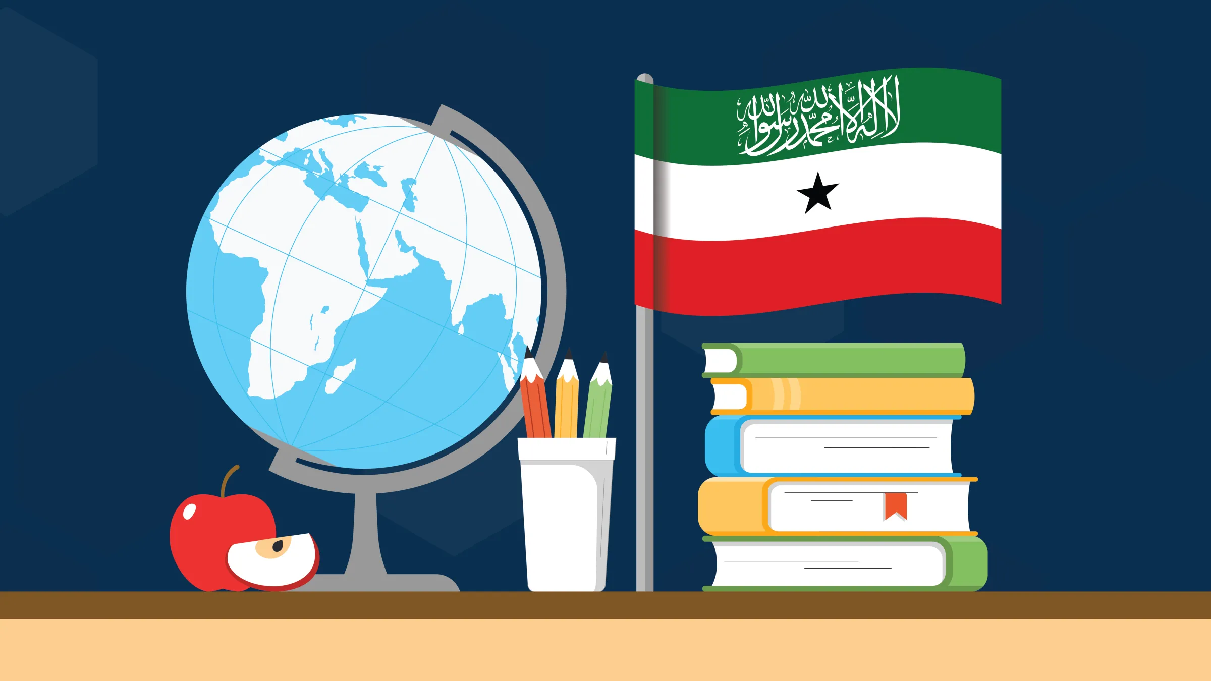 An illustrated globe—showing the continent of Africa and the Middle East—stands on a desk alongside an apple, a cup holding three pencils, a stack of books, and a small flag of Somaliland.