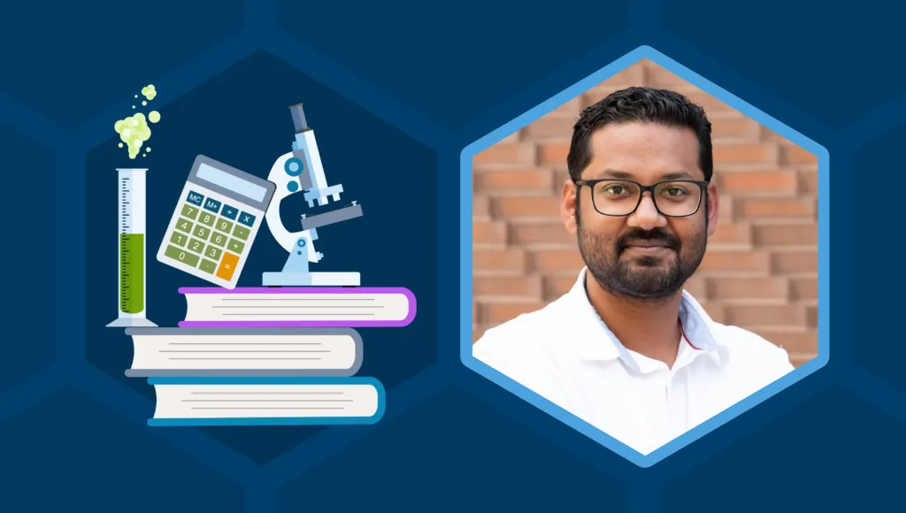 An illustrated microscope, calculator and beaker stand atop a stack of books. On the right is a headshot of Souvik Mandal, a man with brown skin and dark hair, wearing glasses and a white collared shirt.