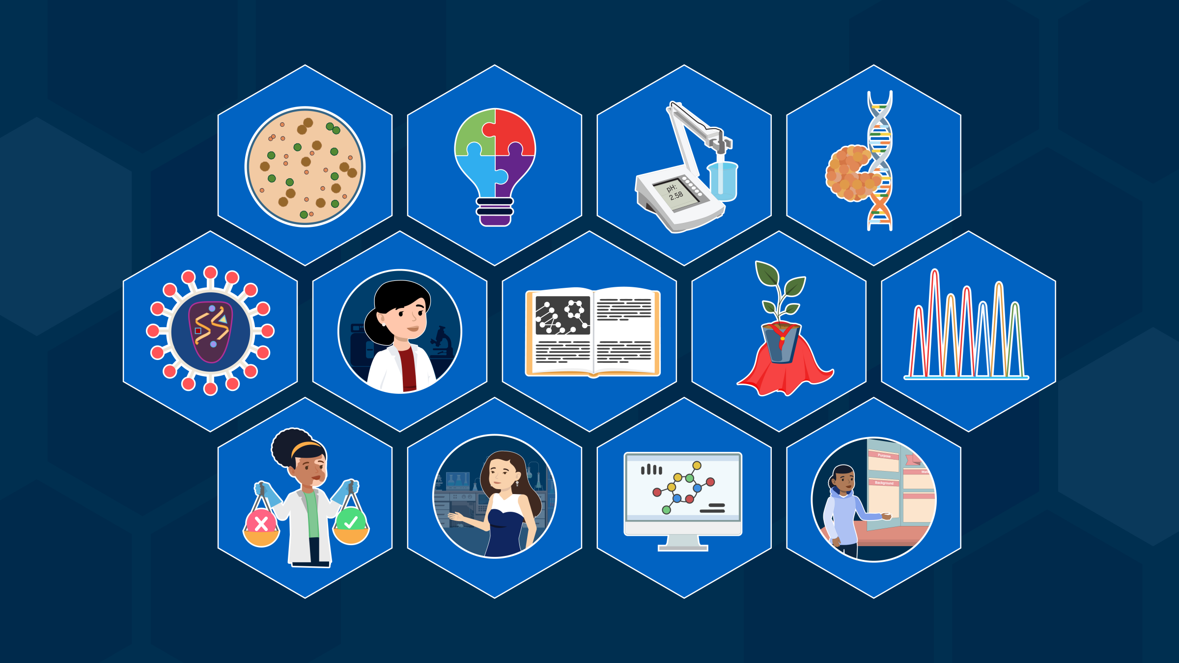An illustration showing icons representing the various pathways, or topics, covered in the Research Foundations cluster. Imagery includes a DNA double helix, a person wearing a lab coat, a computer screen with a protein model on it, a person giving a presentation, and a graph of data.