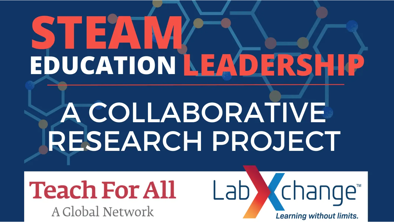 Text reads: "STEAM Education Leadership: A Collaborative Research Project" Below the text are the logos for Teach For All and LabXchange.