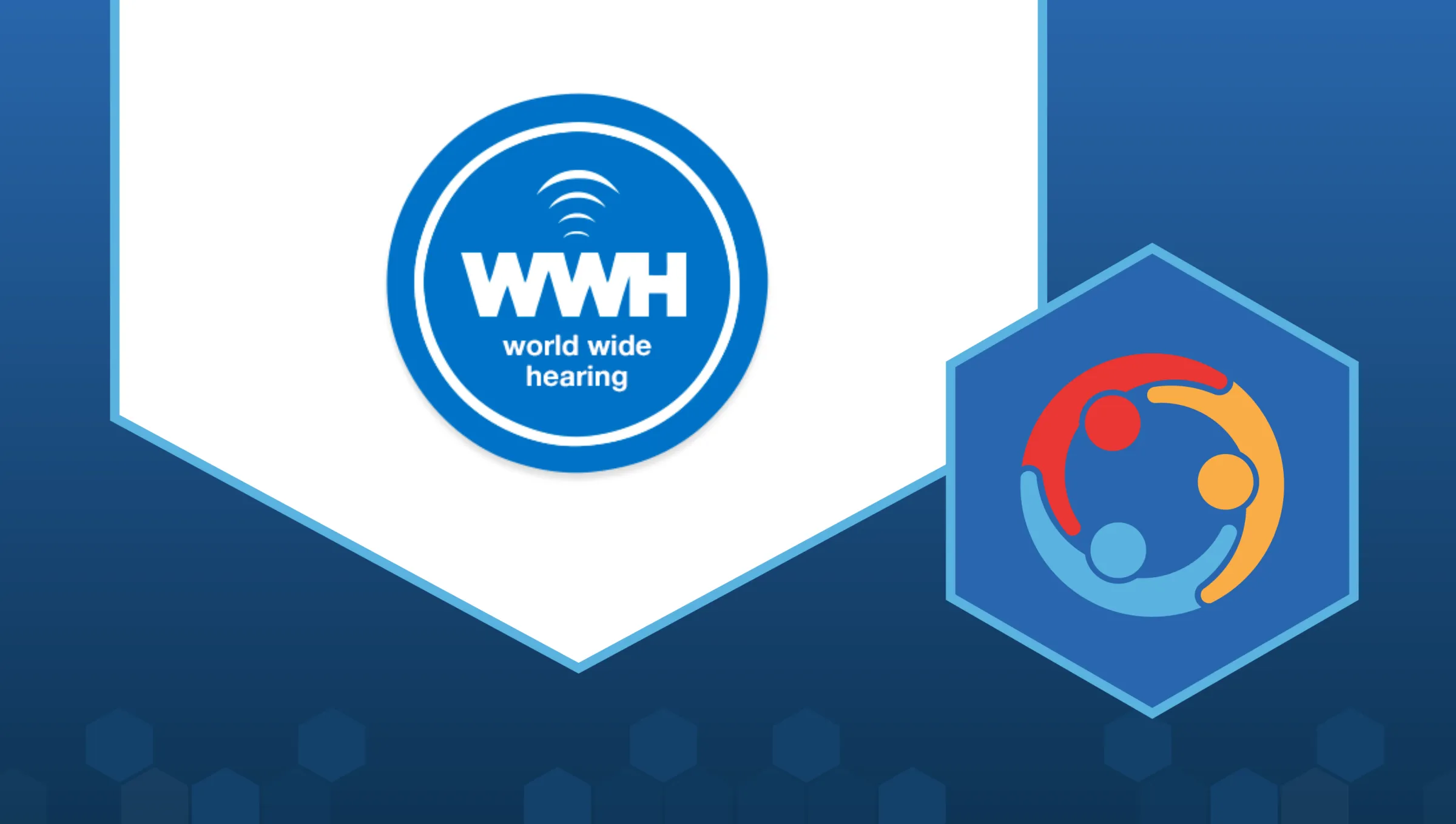 In the center of the image is the blue logo of World Wide Hearing, which says "WWH" and "world wide hearing." Next to it is the logo of LabXchange collaborator spotlights, consisting of three people standing in a circle with arms overlapped.