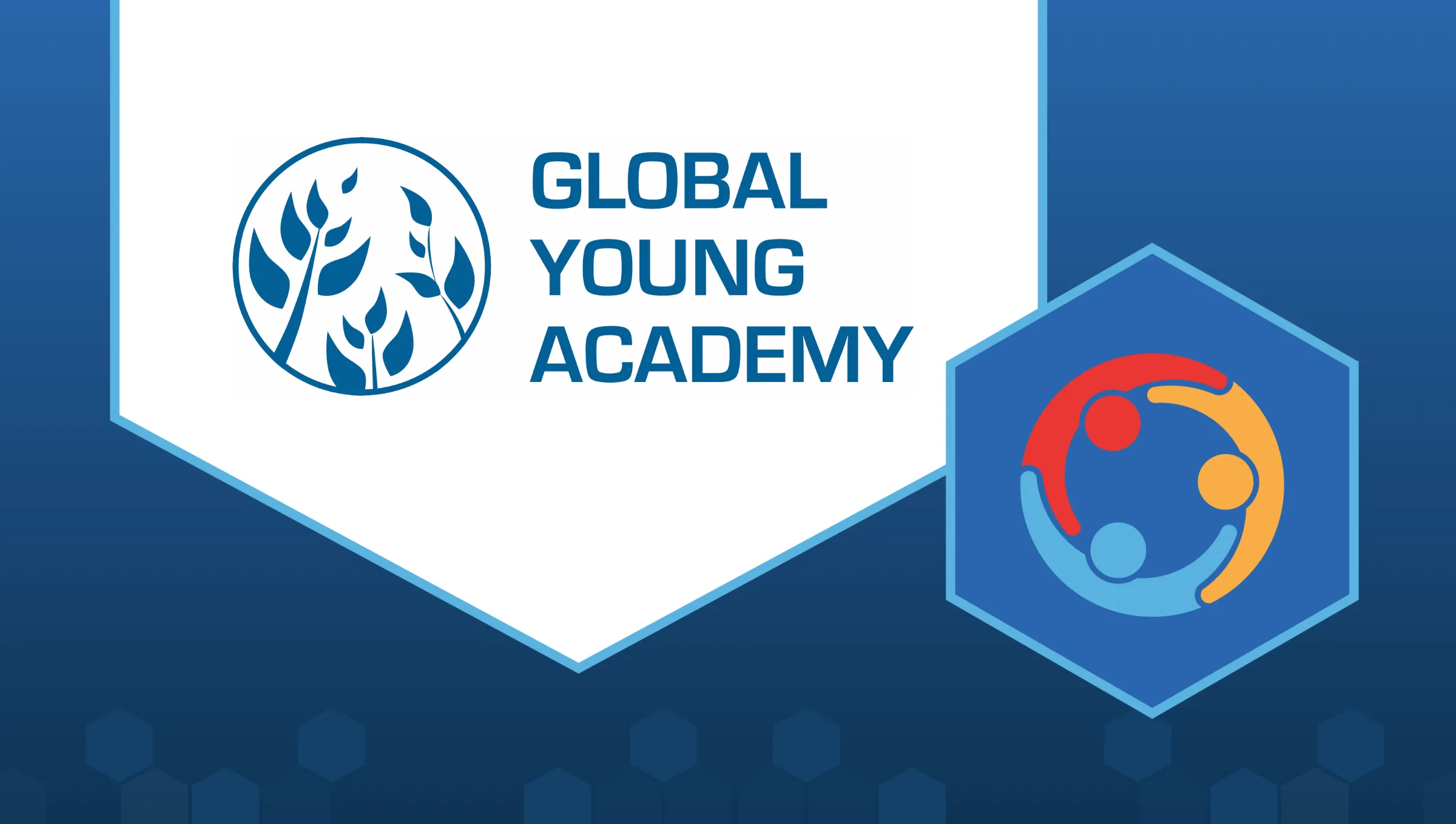 In the center of the image is the blue logo of Global Young Academy, which says "Global Young Academy." Next to it is the logo of LabXchange collaborator spotlights, consisting of three people standing in a circle with arms overlapped.