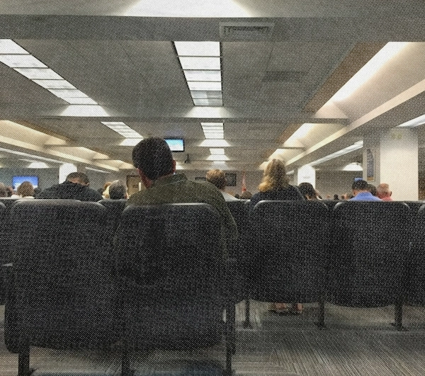 A large waiting room in a government building