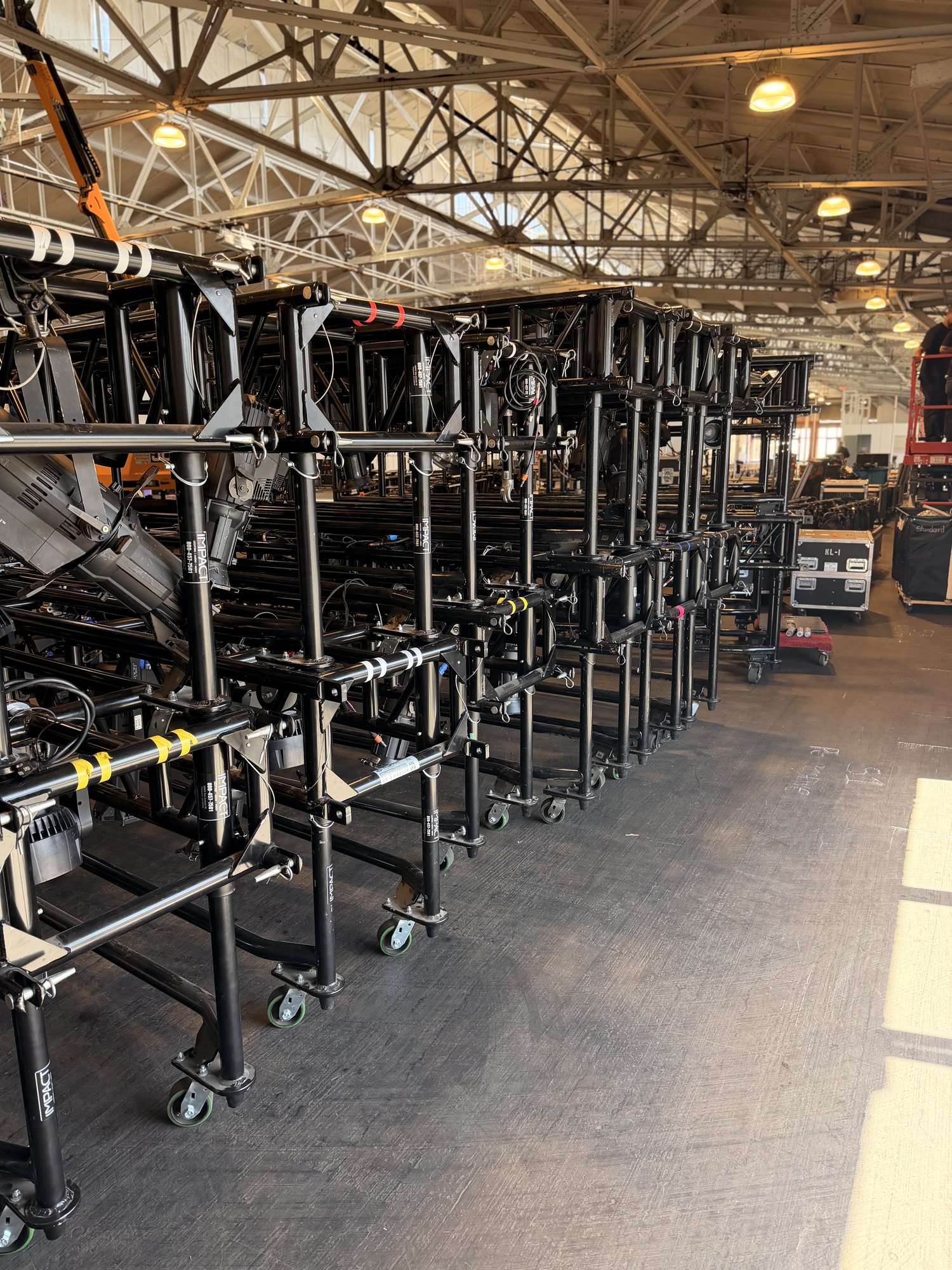 Impact truss inventory staged in the warehouse for a Bay Area event.