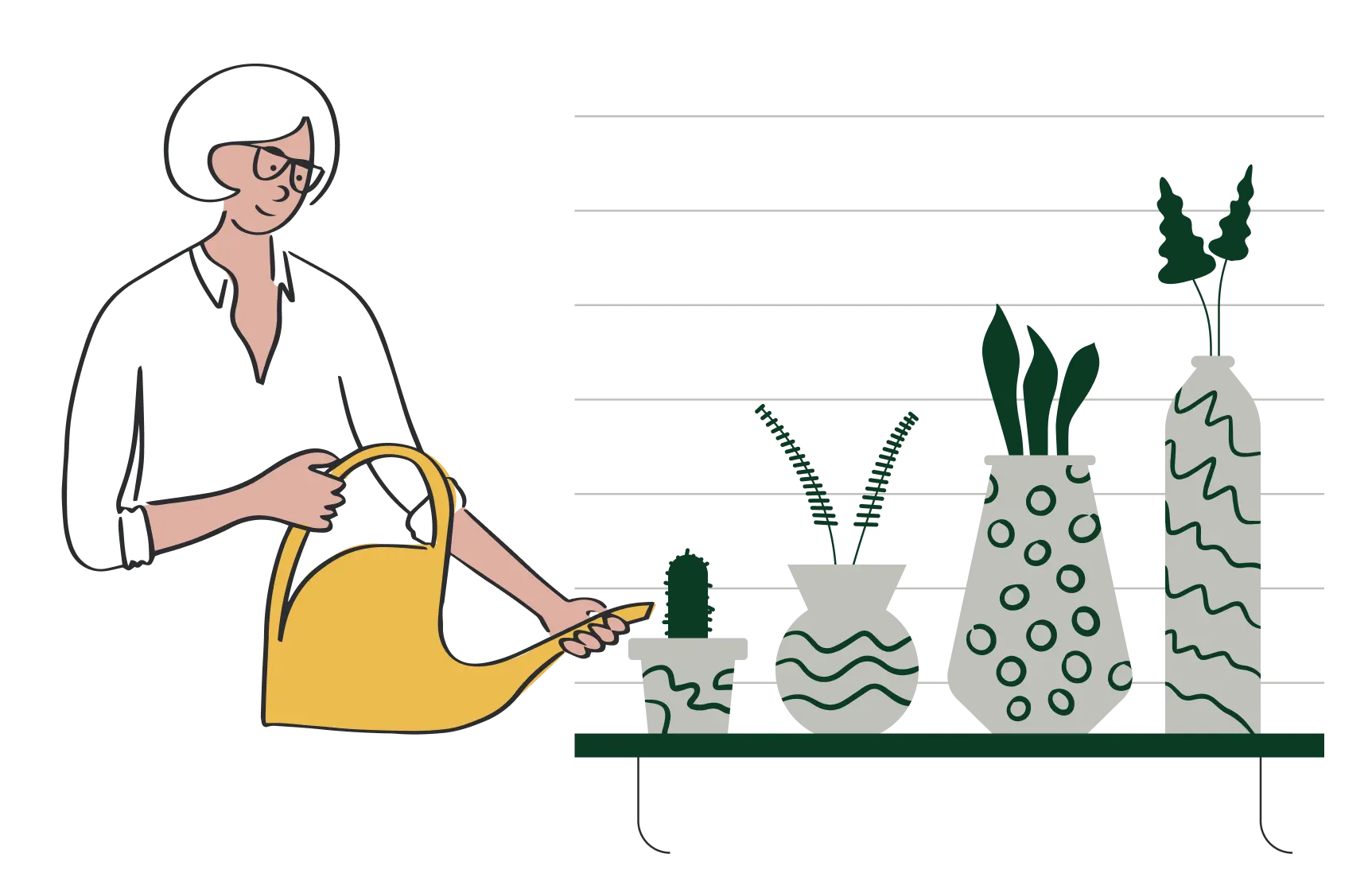 Illustration of woman watering 4 plants in four vases