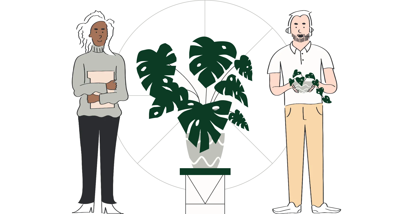 Character illustration with two people standing near a plant