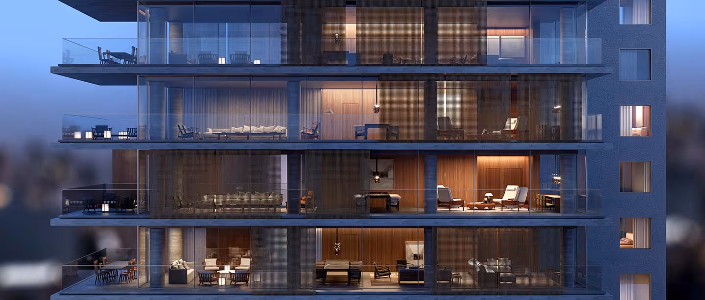 Fachada Posterior - Living, Terraço Social e Suíte Master