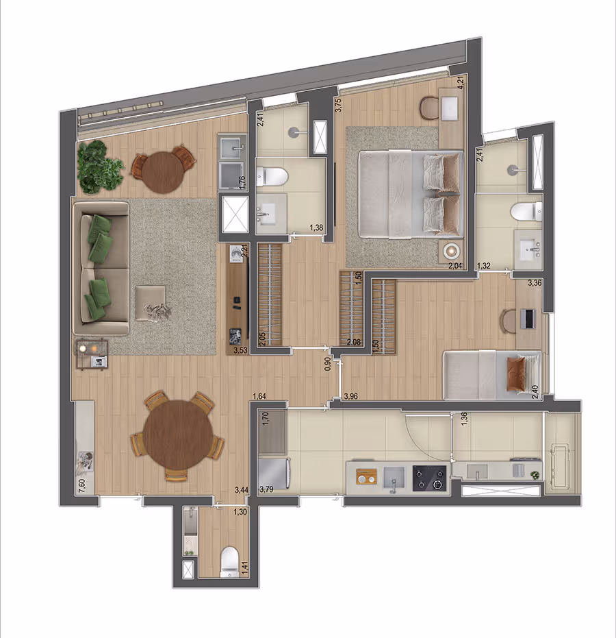 Planta 82m² - 2 Suítes