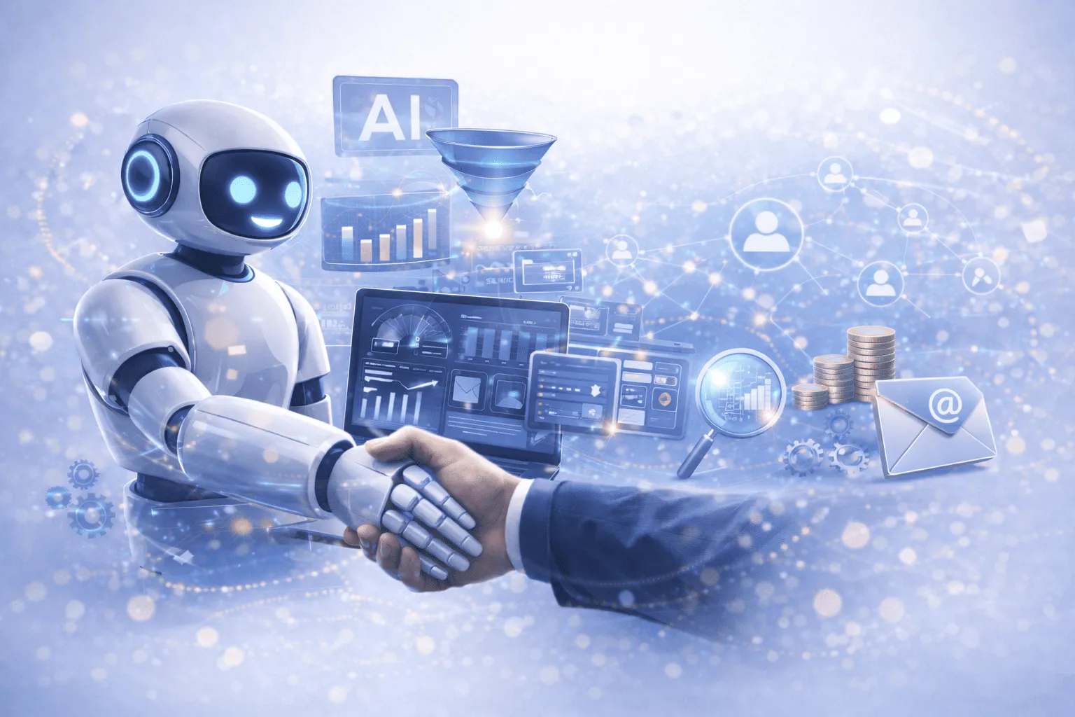 Robots IA y brazo de humano estrechándose la mano