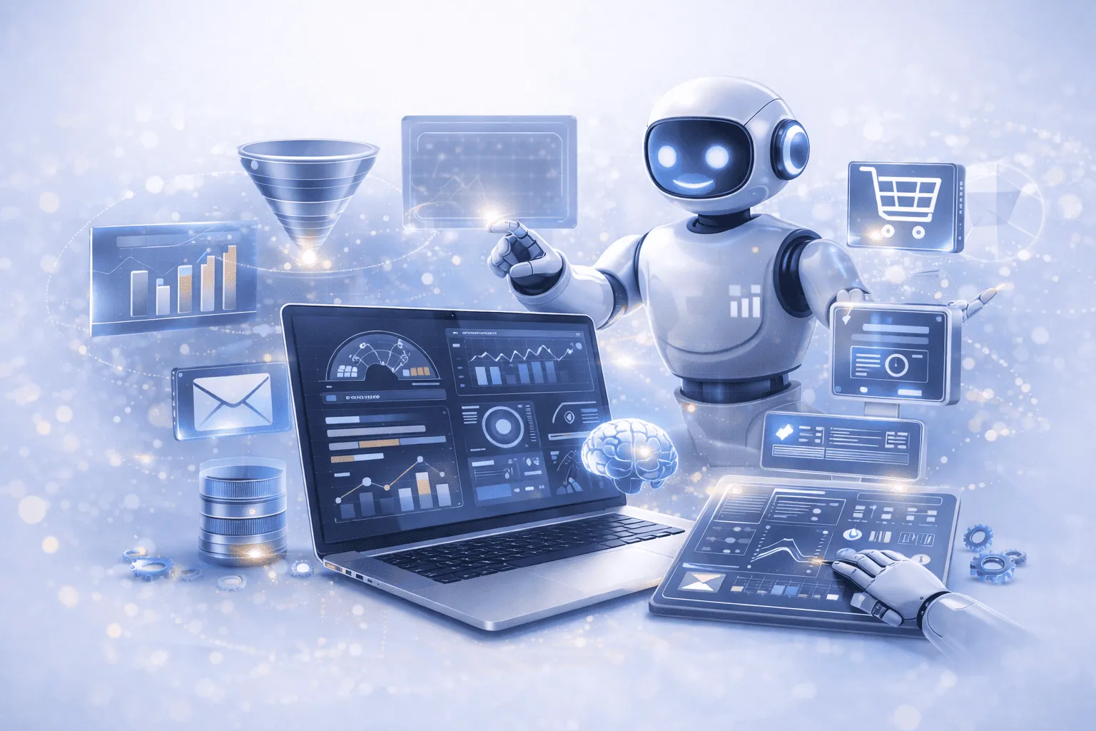 Elementos de IA flotantes, notebooks, tablets y robots