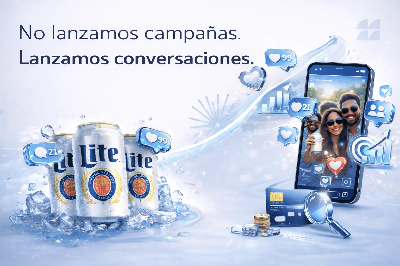 3 latas de lite y un celular con imagen de pareja y muchos iconos de redes sociales