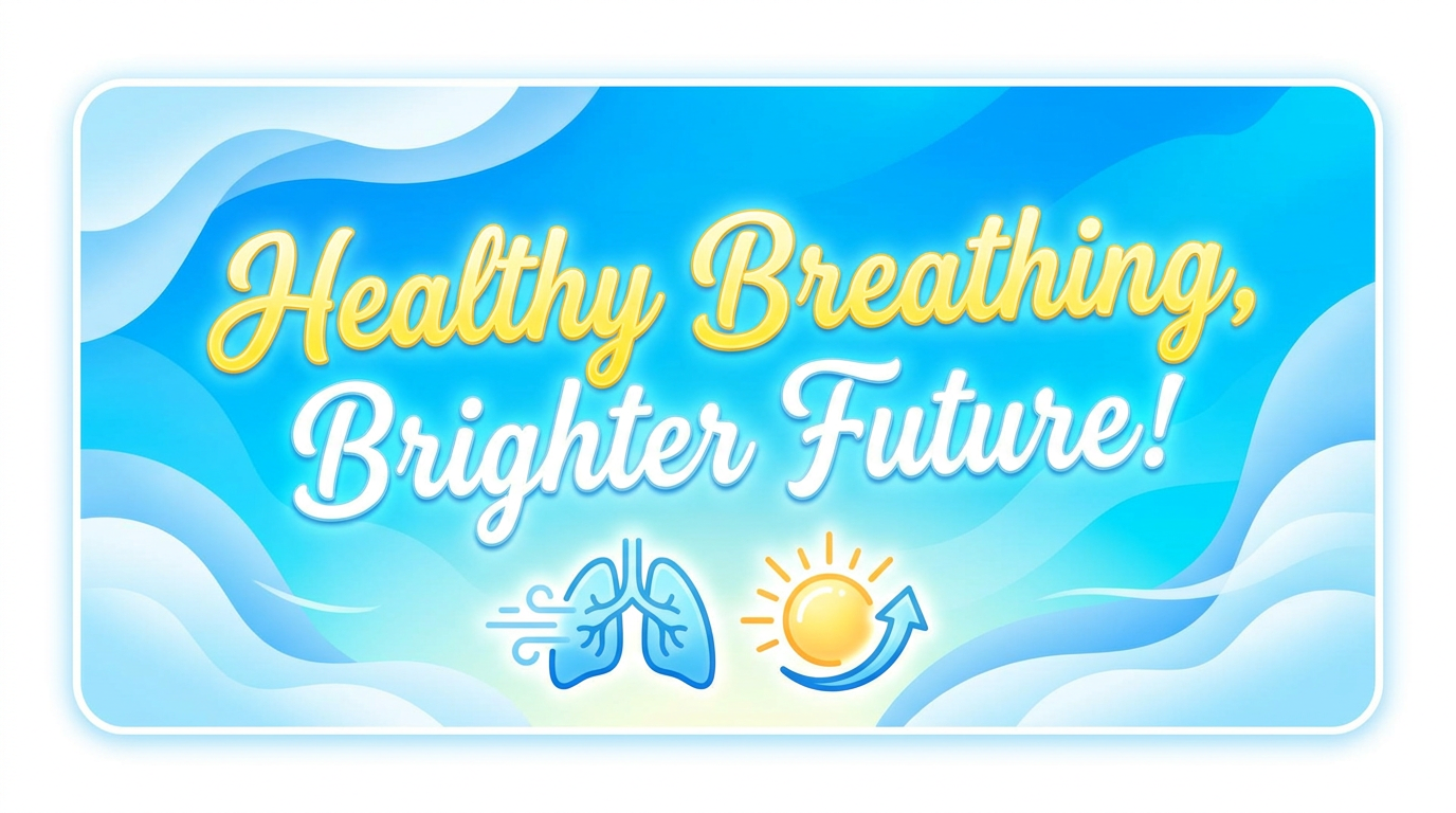 One-phrase callout-style visual: "Healthy Breathing, Brighter Future!" in a cheerful, optimistic font on a background of soft, flowing clouds and blue sky.