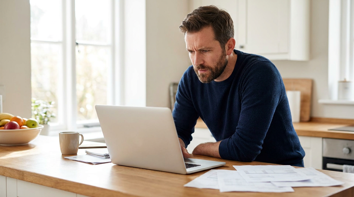 Hunter, sitting at a kitchen counter with a laptop open, intently researching, with a focused and determined expression.