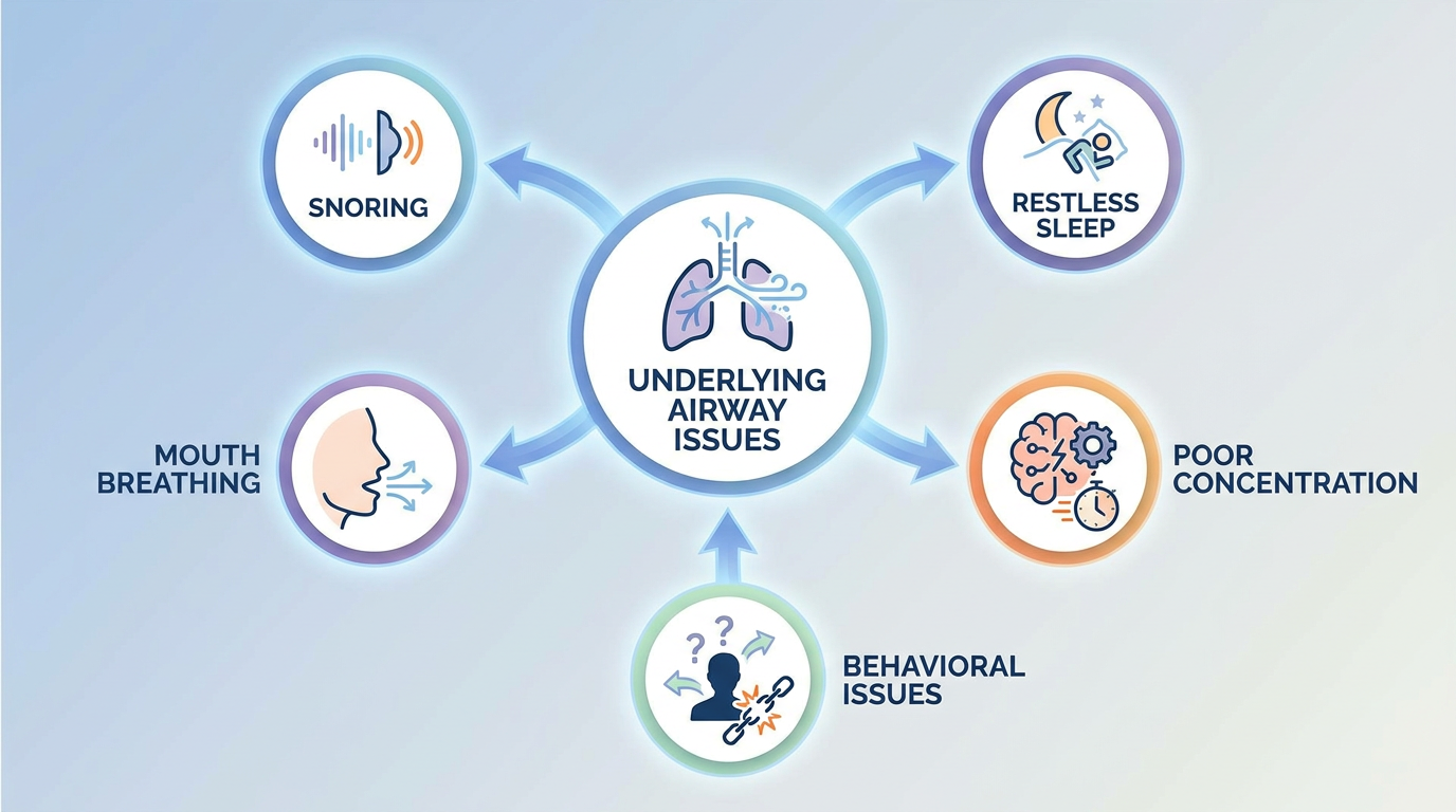 Minimal-text infographic-style visual: A circular diagram showing interconnected concepts: "Snoring," "Mouth Breathing," "Restless Sleep," "Poor Concentration," "Behavioral Issues," all pointing towards a central "Underlying Airway Issues" label.