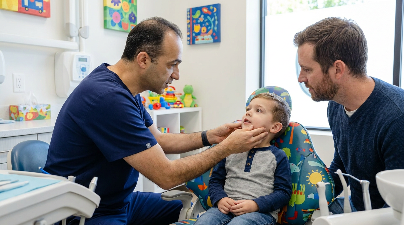 Dr. Babak Javidi, a male dentist in his 40s, examining a young boy (Mark, age 5) in a bright, child-friendly dental office.