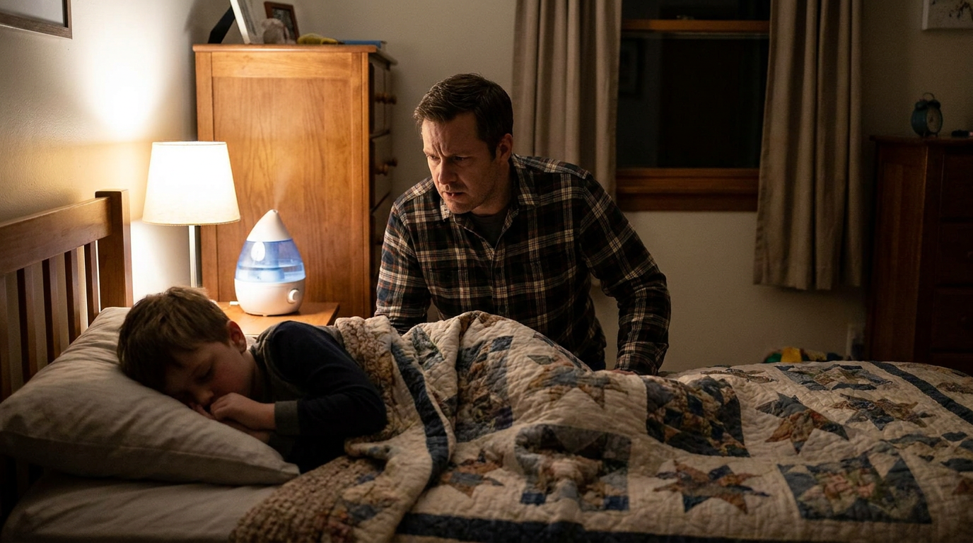 Hunter, looking worriedly at his son Mark, a young boy, who is sleeping restlessly in his bed beside him in a dimly lit bedroom.