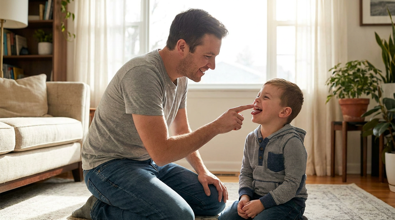 Hunter, and his son Mark, a young boy, are engaged in a fun myofunctional exercise together in a sunny living room.