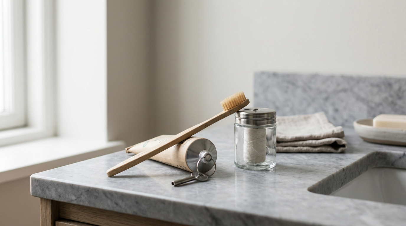 An artistic still life of a toothbrush, dental floss, and toothpaste tube neatly arranged on a sleek, grey marble bathroom counter, illuminated by soft, diffused light.