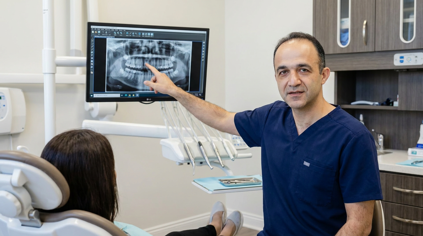 Dr. Babak Javidi, in a modern dental office, explaining treatment options to a patient (from the patient's perspective, so only Dr. Javidi is primarily visible), gesturing towards a digital X-ray on a wall-mounted screen.