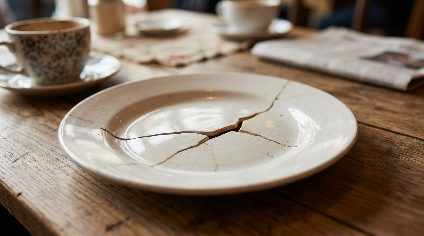 A close-up, dynamic shot of a cracked porcelain plate, with one prominent crack running through it, symbolizing damaged teeth.