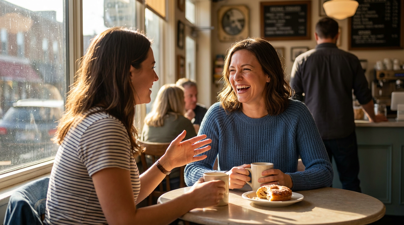 Amanda, confidently laughing with a friend at a cafe, showing a bright, natural smile.