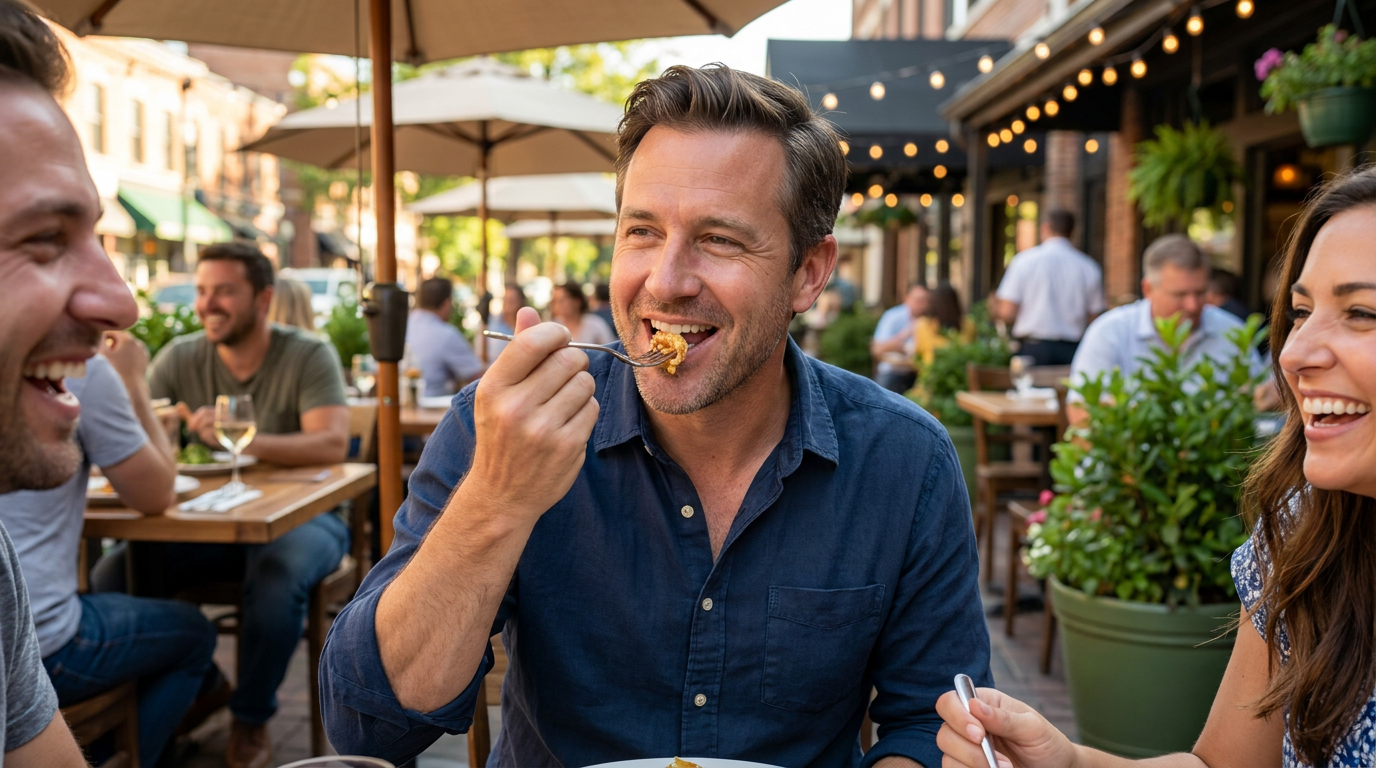 A confident Kevin, enjoying a meal with friends at an outdoor restaurant patio, his face relaxed and smiling as he takes a bite of food.