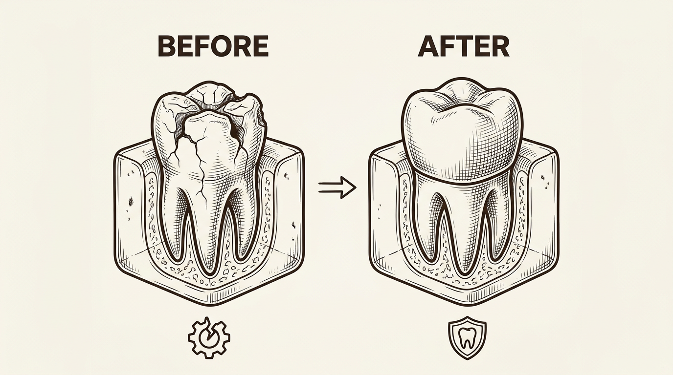 A detailed line art illustration of a dental model showing a tooth before and after a crown placement.