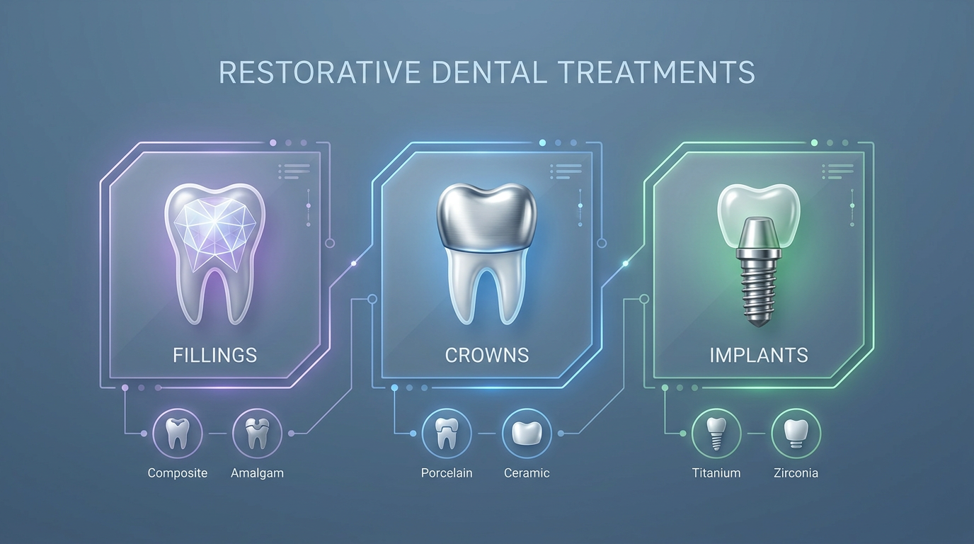 An abstract infographic illustrating various restorative dental treatments like fillings, crowns, and implants.