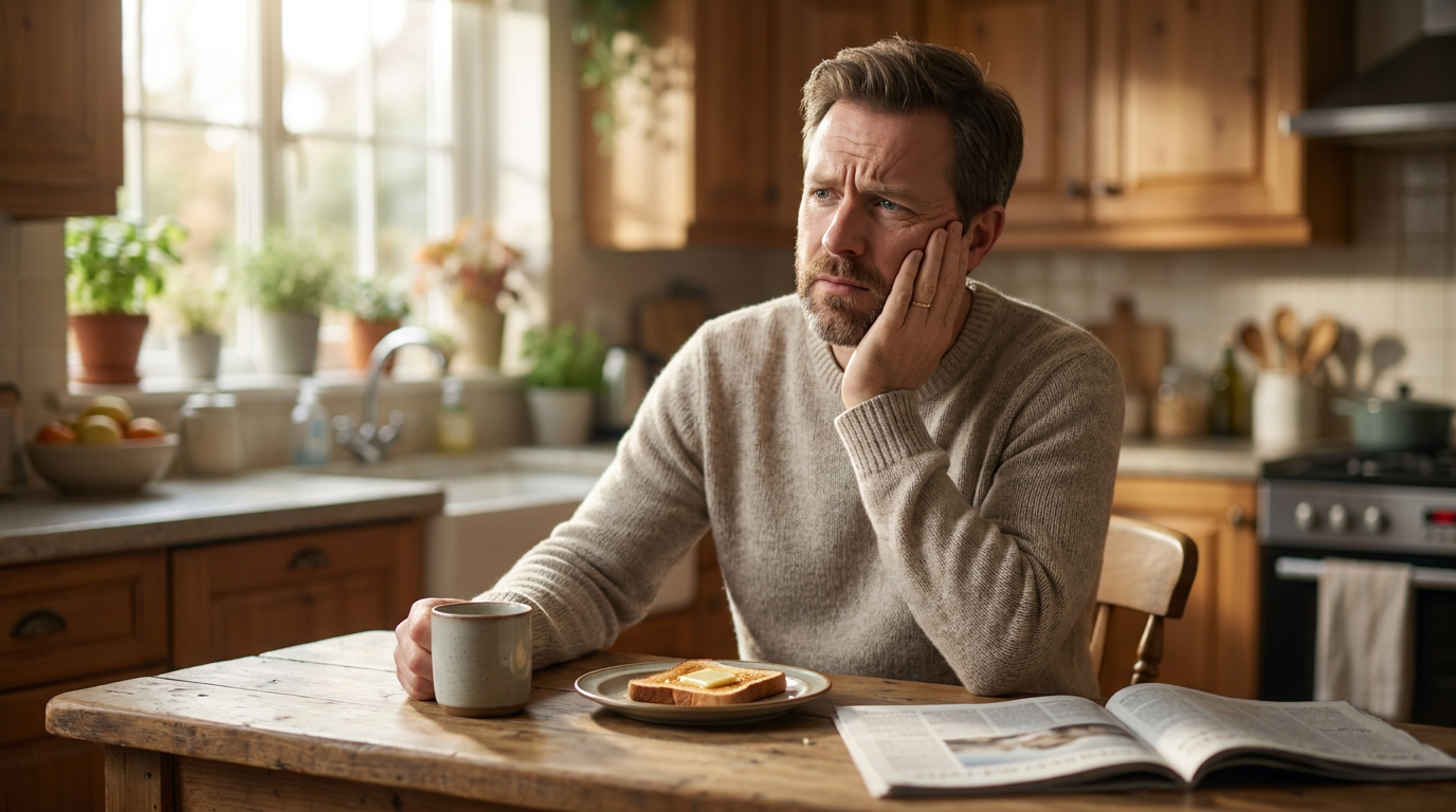 Kevin, sits thoughtfully at a kitchen island in soft morning light, gently touching his jaw with one hand.