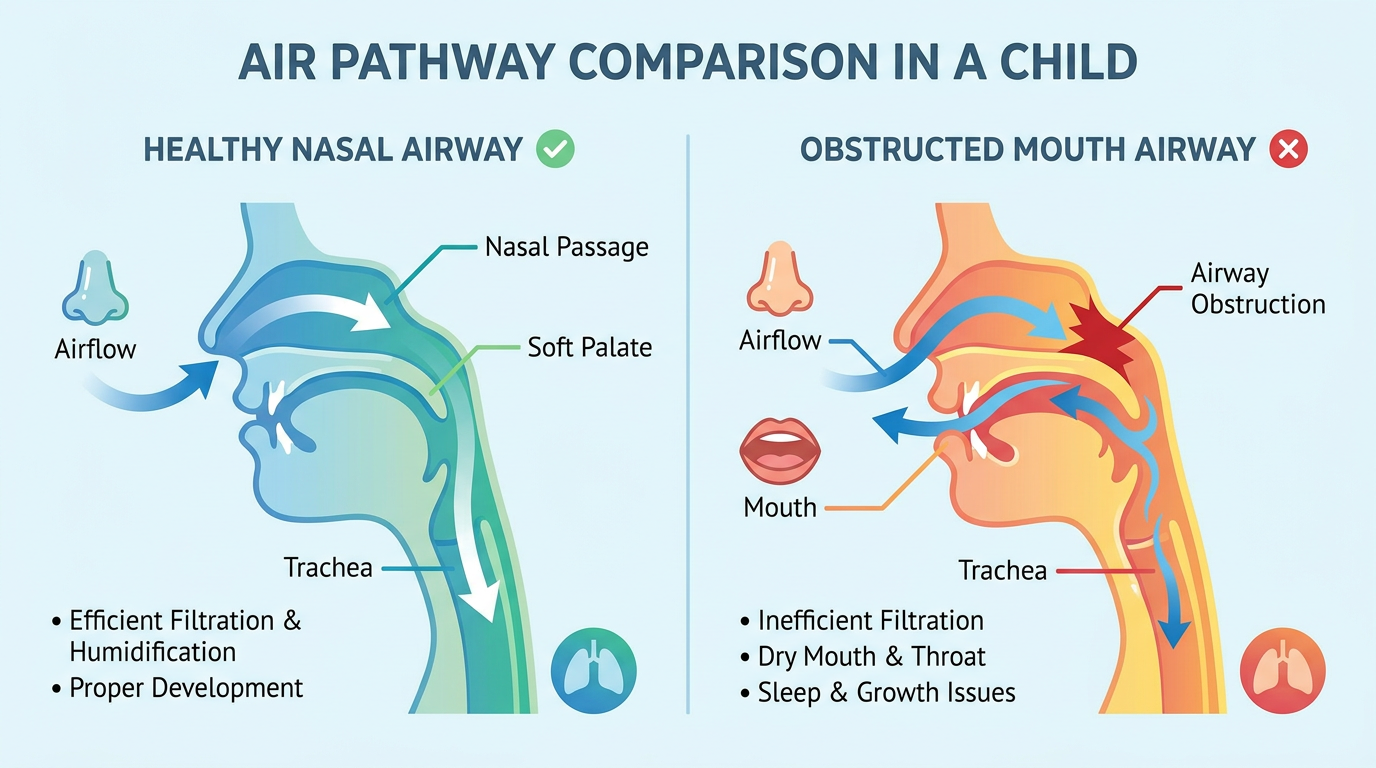 An infographic illustrates the path of air through a healthy nasal airway versus an obstructed mouth airway in a child, featuring clear, color-coded diagrams and simple arrows indicating airflow.