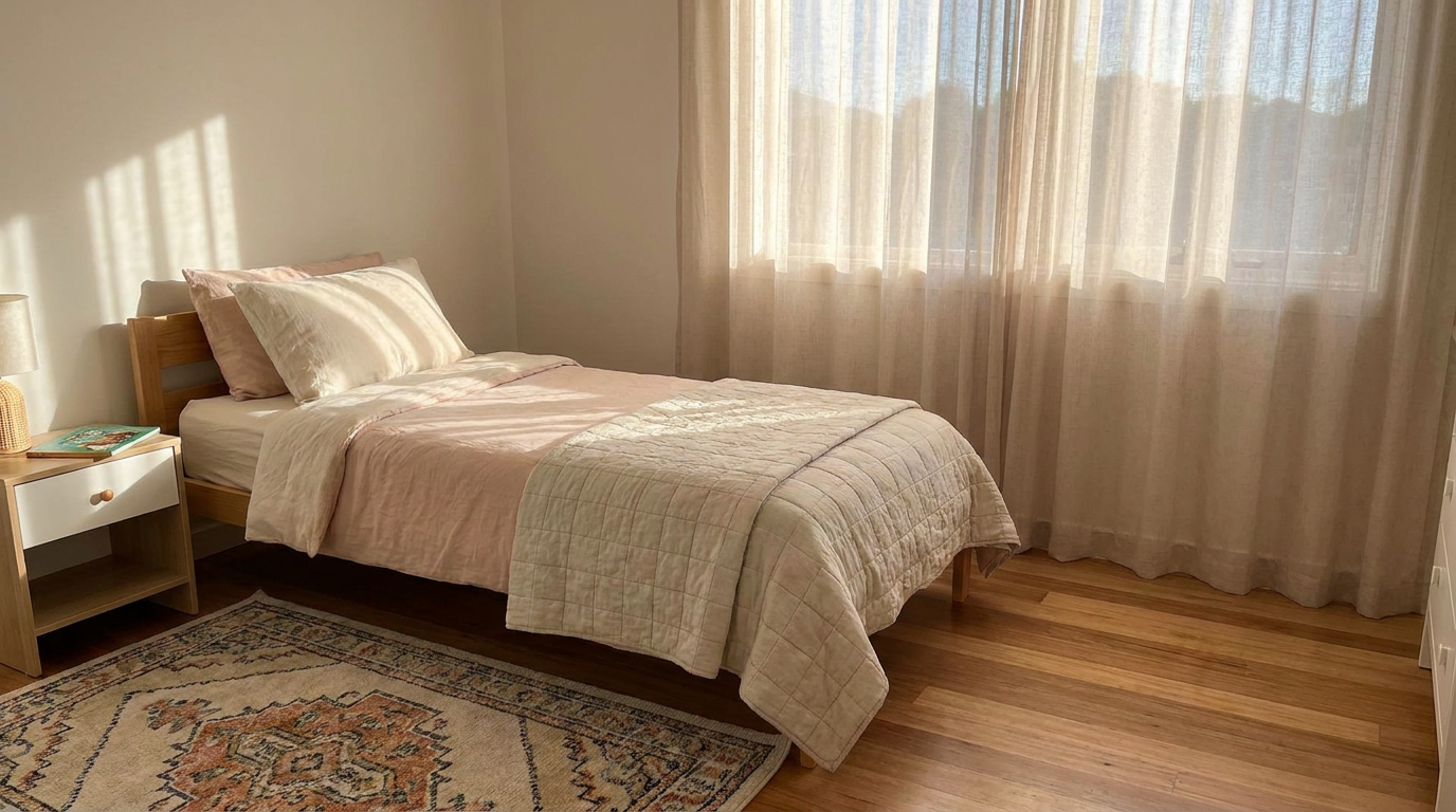 A young boy, around 8 years old, sleeps peacefully in his bed, natural light filtering through sheer curtains.