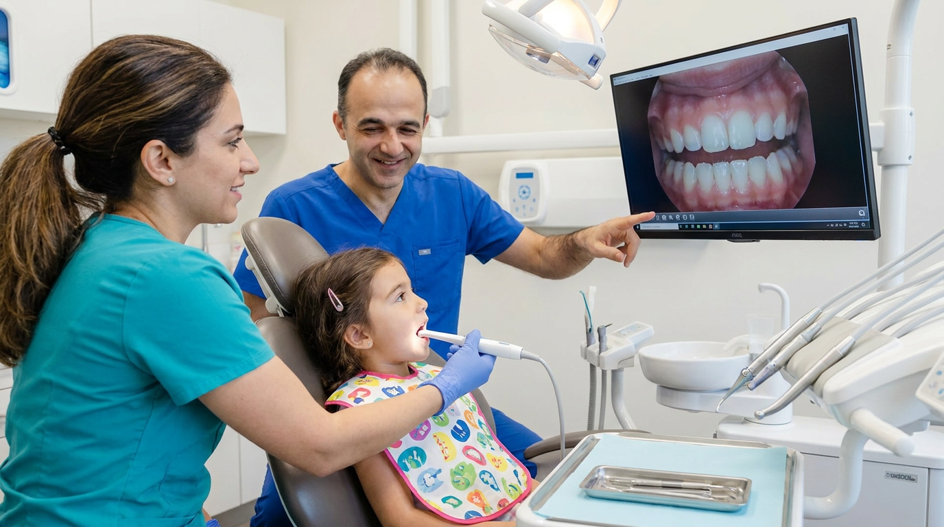 A female dental hygienist, wearing a teal scrub top, demonstrates an intraoral camera to a curious young girl in a dental chair.