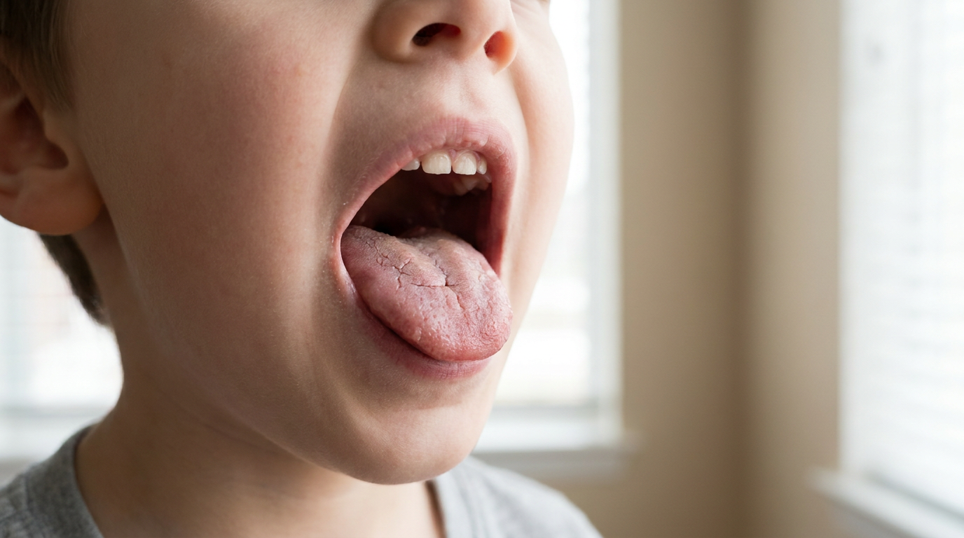 A clear close-up of a child's open mouth with a visibly dry tongue and gums, illustrating the effects of chronic mouth breathing.