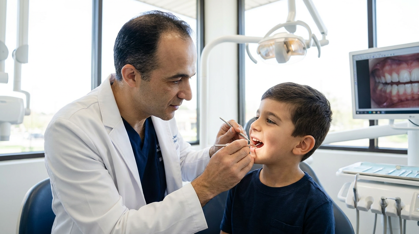 A caring male dentist, Dr. Babak Javidi, wearing a blue scrub top and white lab coat, gently examines a young boy's open mouth in a bright, modern dental office, focusing on his oral structures.
