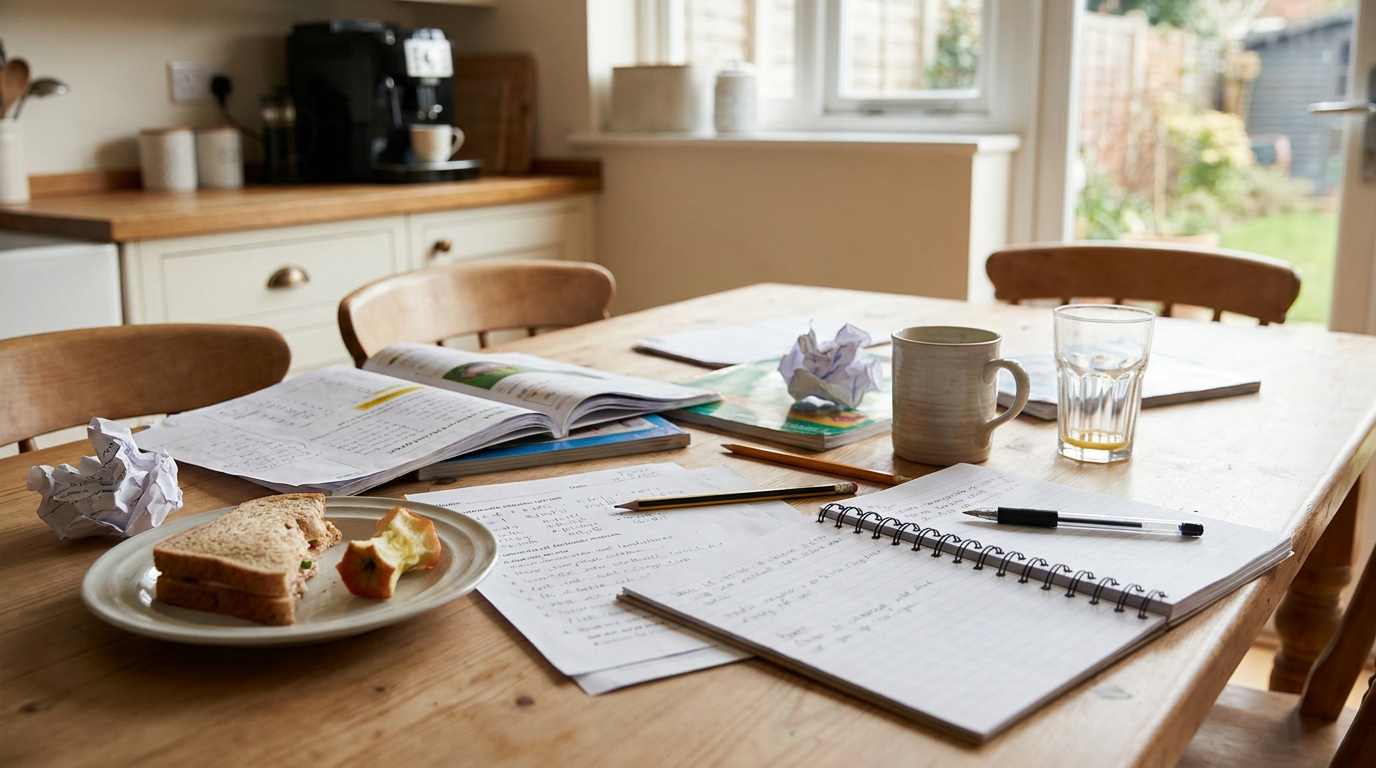 A concerned mother sits with her son at a kitchen table, looking at papers as he subtly yawns, suggesting difficulty concentrating.
