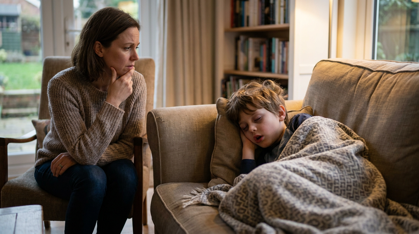 Natalie sits in a chair with her hand on her chin, looking at Jacob, who is asleep on a couch under a patterned blanket.