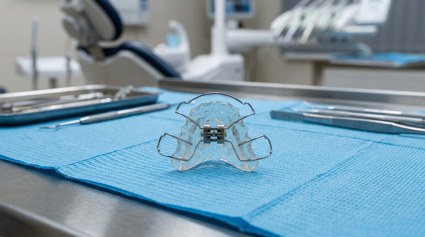 A clear orthodontic expansion appliance with metal wires and a screw mechanism rests on a blue sterile tray with dental tools in a dental clinic.