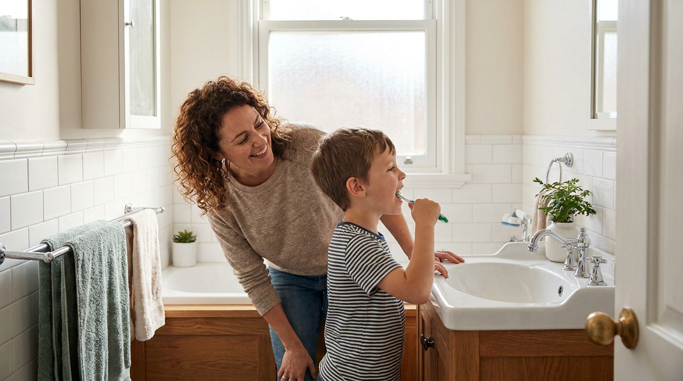 Natalie smiles at Jacob as he brushes his teeth at a bathroom sink with a window behind them.