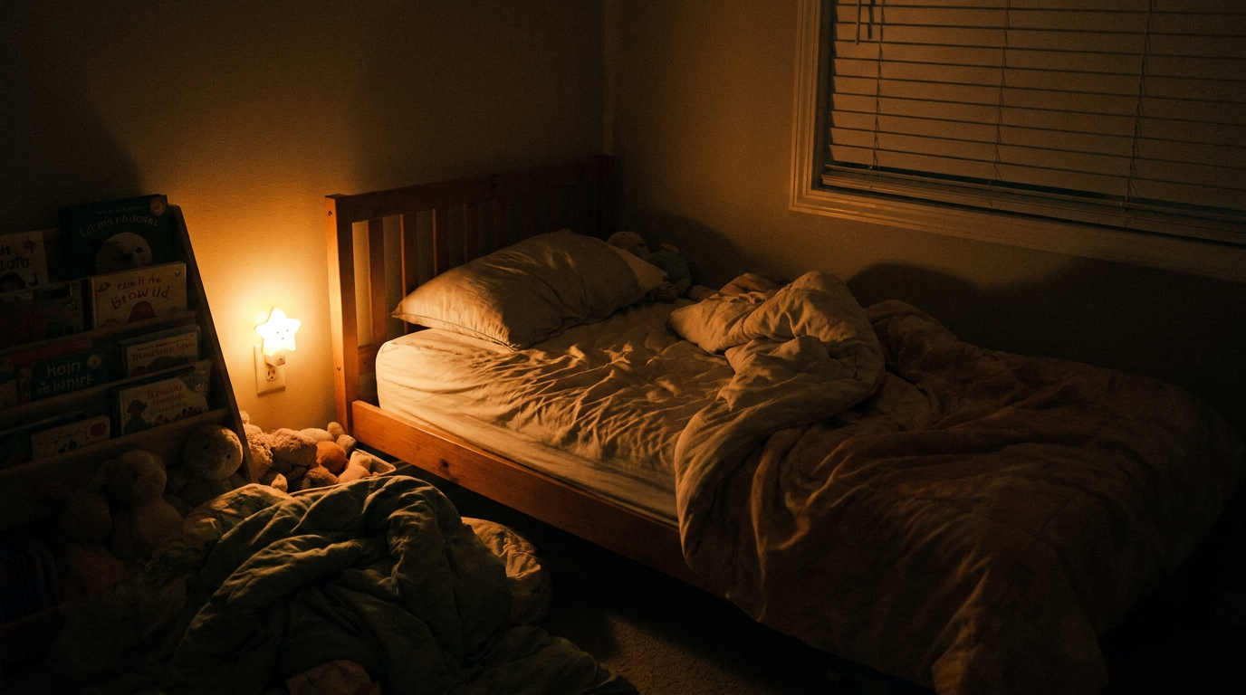 A dimly lit bedroom features a wooden bed with rumpled sheets and pillows, a star-shaped nightlight plugged into the wall, a bookshelf filled with children's books, and a collection of stuffed animals on the floor, with a window and closed