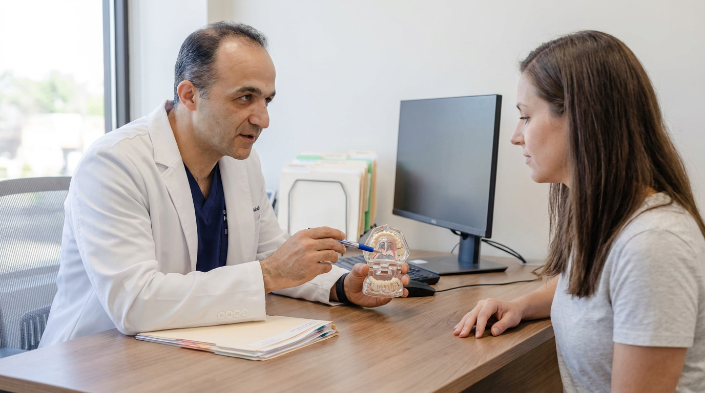 Dr. Javidi, wearing a white lab coat, sits at a desk and points with a pen to a dental model while speaking to Natalie, who is seated across from him.