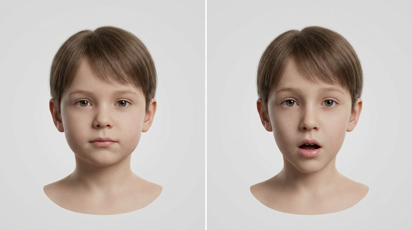 A side-by-side comparison shows a young child's face with a neutral expression on the left and the same child with an open mouth on the right.