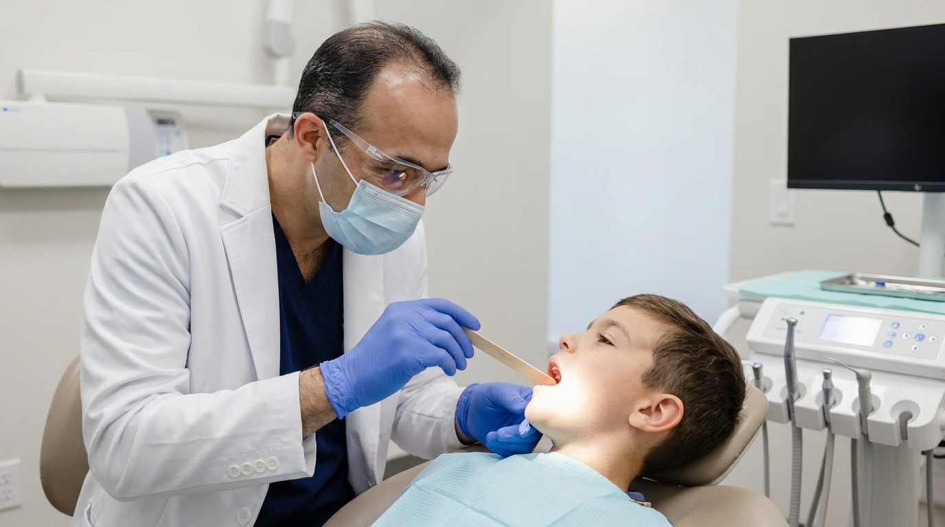 Dr. Javidi, wearing a white lab coat, blue scrubs, a face mask, safety glasses, and blue gloves, uses a tongue depressor to examine Jacob's mouth as Jacob lies in a dental chair.
