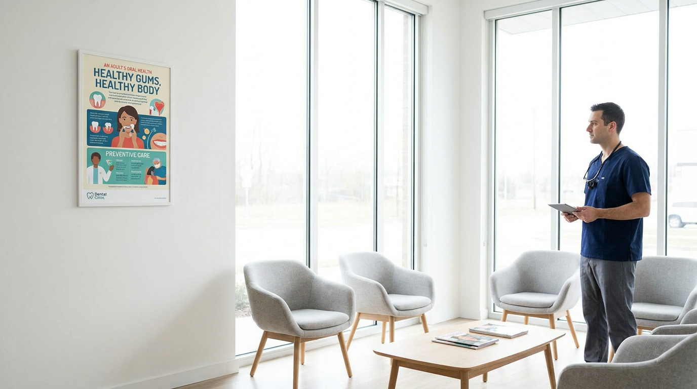 A male dentist in blue scrubs and a stethoscope stands holding a tablet in a bright, modern waiting room with large windows, gray chairs, a wooden coffee table with magazines, and a dental health poster on the wall.