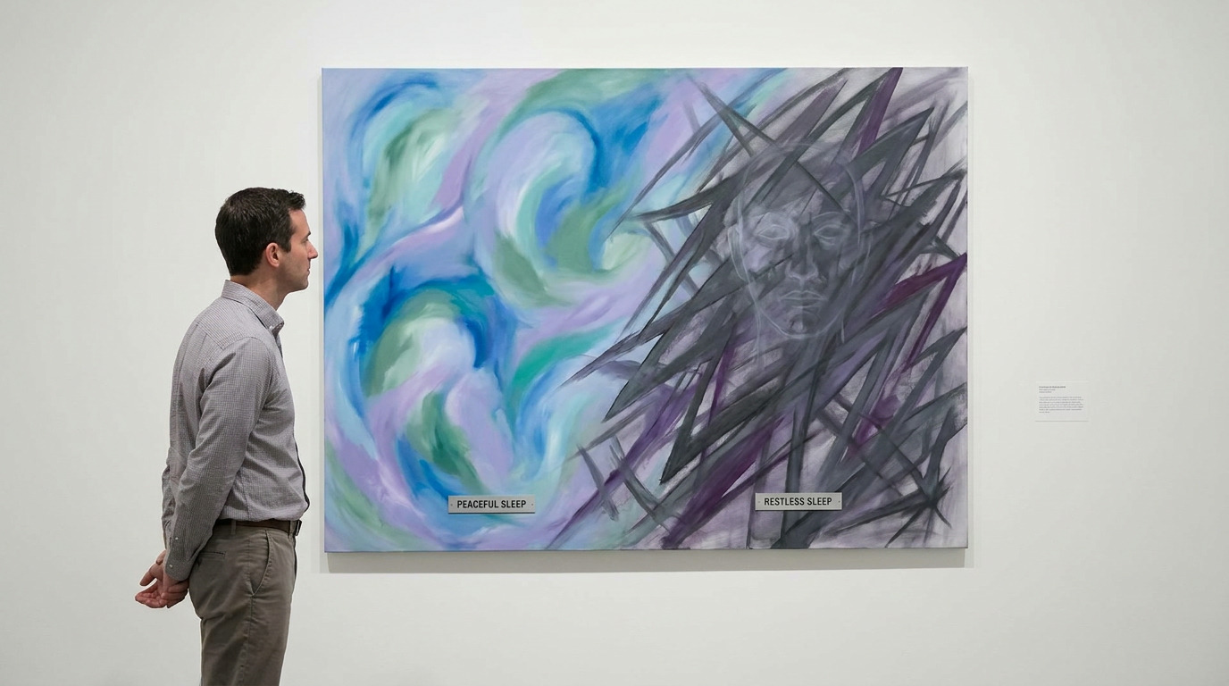 A man in a checkered shirt and khaki pants stands with hands clasped behind his back, looking at a large abstract painting on a white wall, which is split into colorful swirls labeled "PEACEFUL SLEEP" and dark jagged lines with a faint
