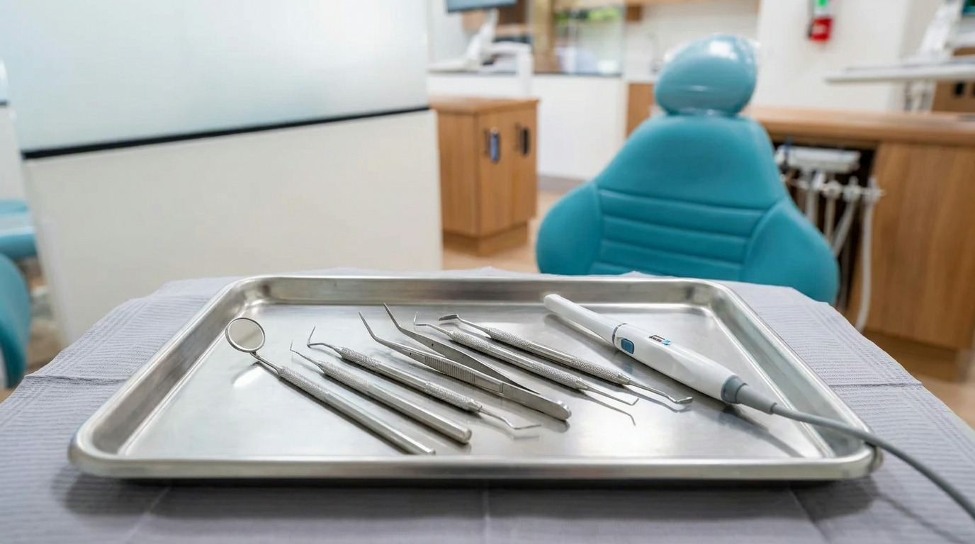 A metal tray with several dental instruments, including a mirror and an intraoral camera, rests on a gray surface in a dental office with a blurred blue dental chair and wooden cabinets in the background.