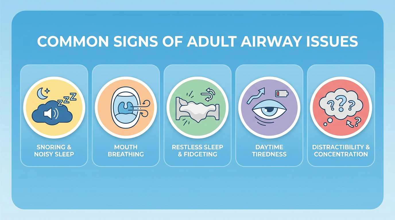 An infographic titled "Common Signs of Adult Airway Issues" with five icons: a cloud with Zzz's for snoring, an open mouth with air for mouth breathing, a bed with arrows for restless sleep, an eye with a low battery for daytime tiredness