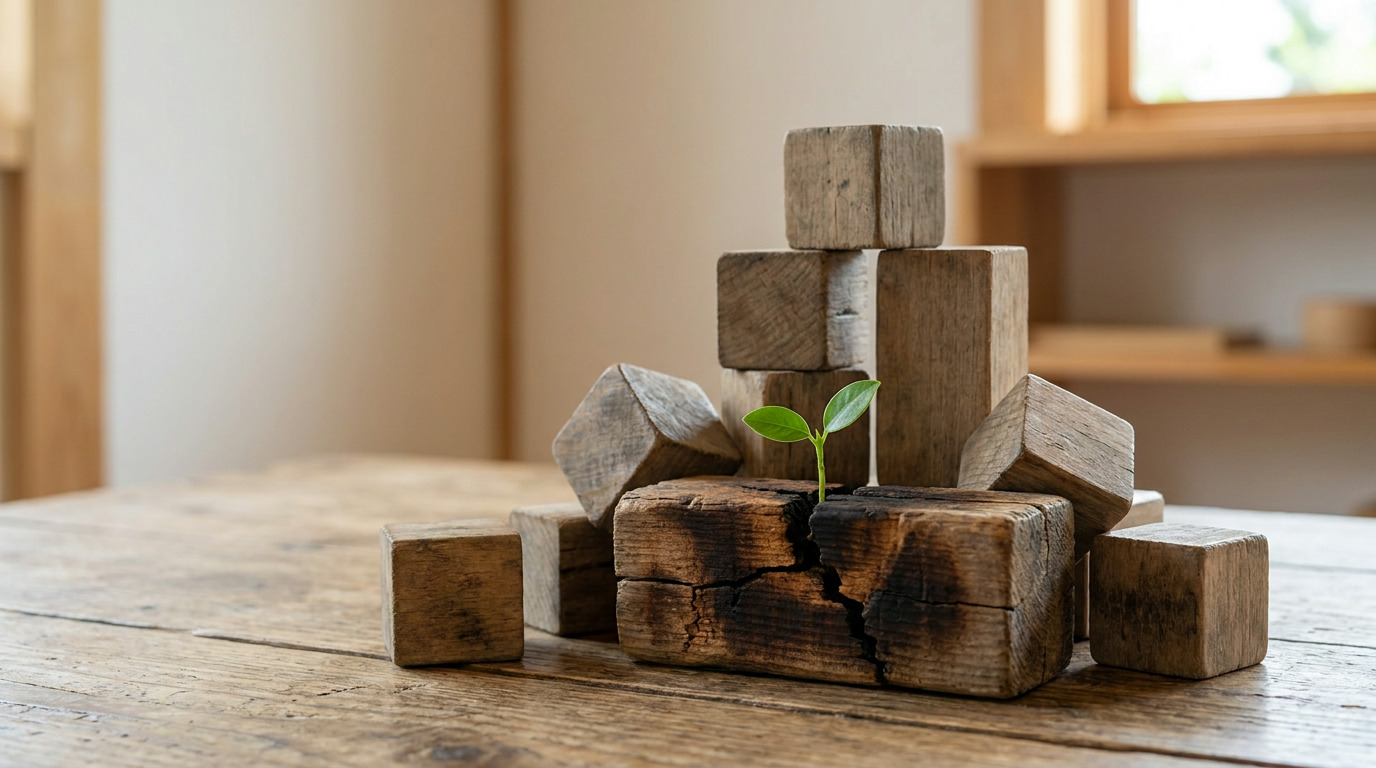 A small green sprout grows from a cracked, dark wooden block surrounded by other wooden blocks on a wooden table, with a blurred background of a room with shelves and a window.