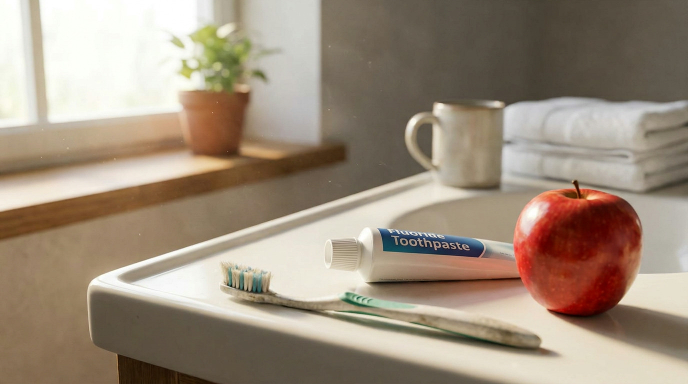 A toothbrush, a tube of fluoride toothpaste, and a red apple sit on a sunlit bathroom counter next to a sink, with a potted plant on a windowsill, a mug, and stacked white towels in the background.