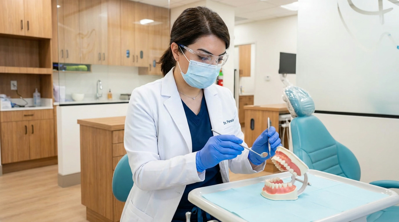 A dentist in a white lab coat, blue scrubs, mask, and safety glasses holds dental tools over a jaw model in a dental office.